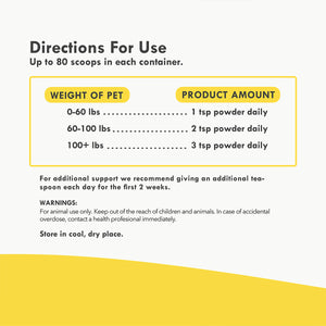 A yellow and white label with black text listing food items for Collagen Hip & Joint Support for 3-7yr Old Dogs.