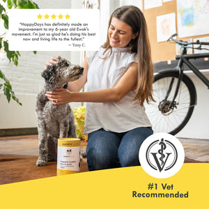 a woman petting a dog with Collagen Hip & Joint Support for 3-7yr Old Dogs