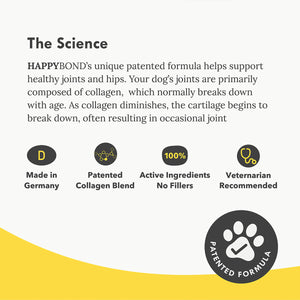 Collagen Hip & Joint Support for 3-7yr Old Dogs: Paw print, check mark, circles, and dots on a black and yellow oval.