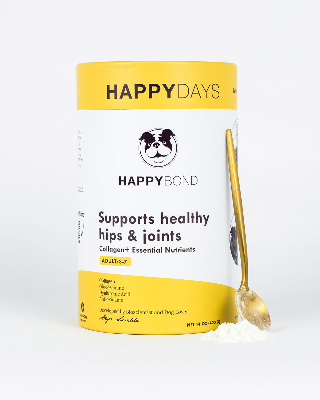 a yellow container with a spoon and a white label, Collagen Hip & Joint Support for 3-7yr Old Dogs