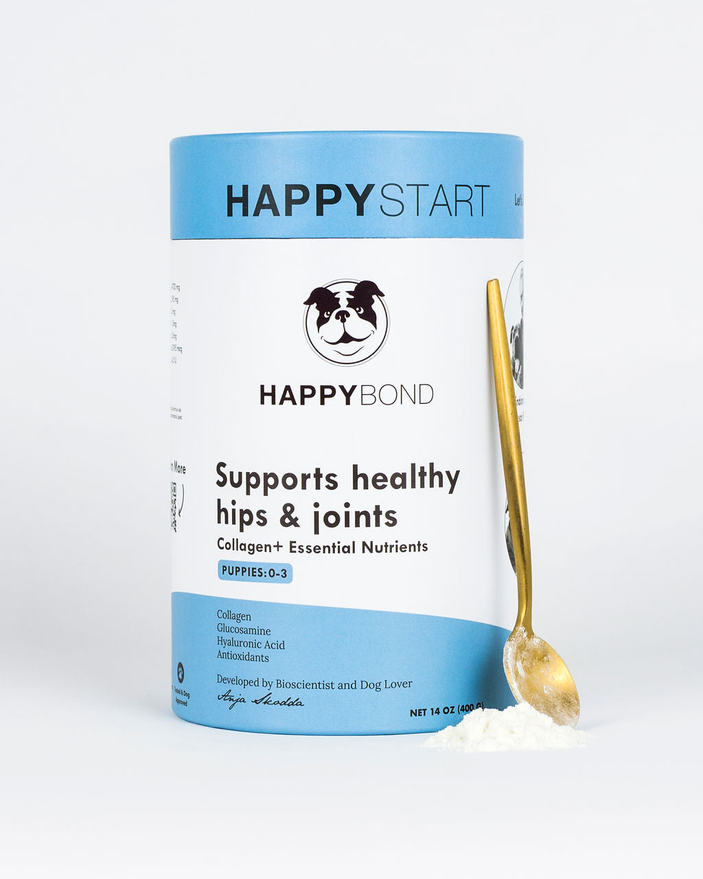 Collagen Hip & Joint Support for Puppies - Blue container with spoon and white powder for nourishing puppy's joint health.